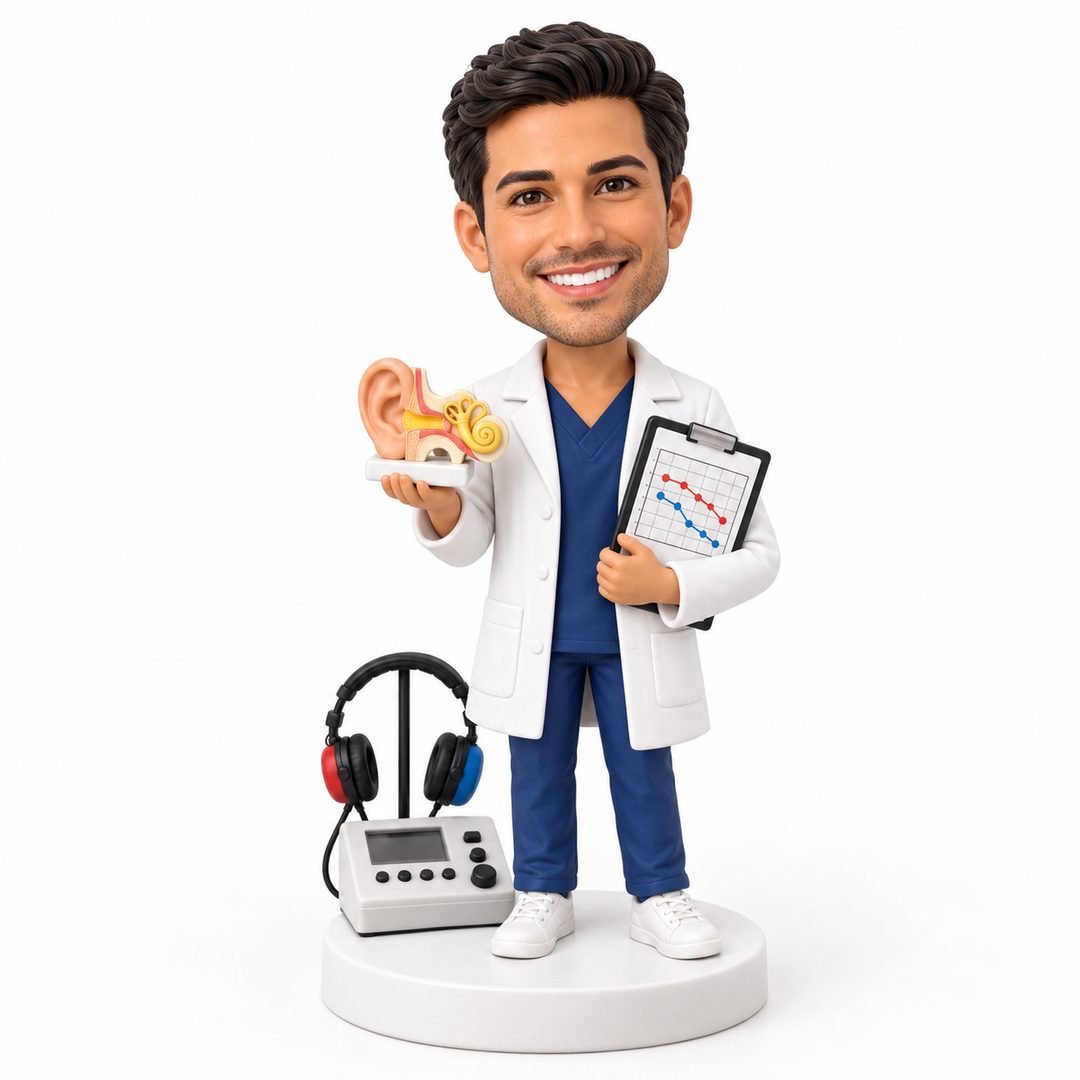 Custom male audiologist bobblehead with headphones, hearing aid and audiogram.