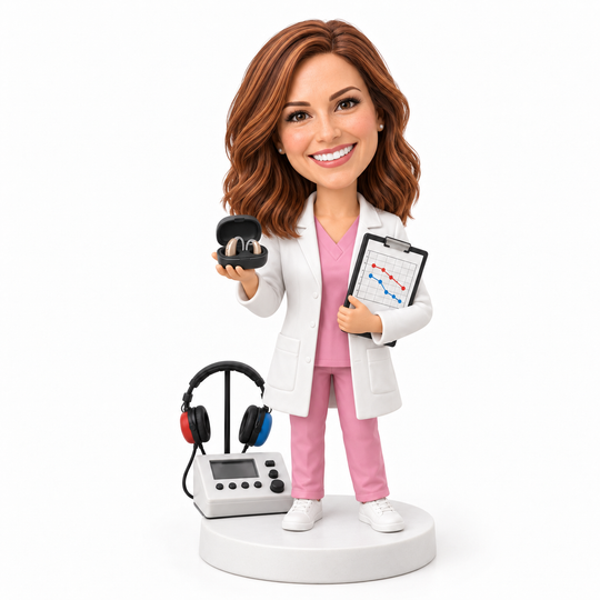 Custom senior audiologist bobblehead with hearing aid and audiogram.