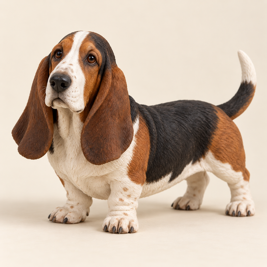 Illustrative front view of a custom Basset Hound polymer clay figurine.