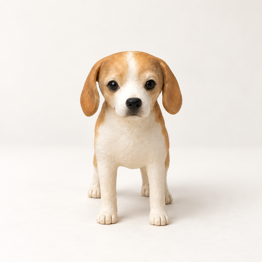 Handmade tan-and-white Beagle figurine with floppy ears; cover edited from our Etsy example.