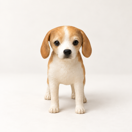 Handmade tan-and-white Beagle figurine with floppy ears; cover edited from our Etsy example.