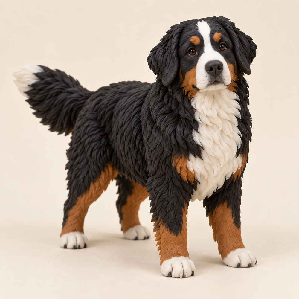 Illustrative front view of a custom Bernese Mountain Dog polymer clay figurine.