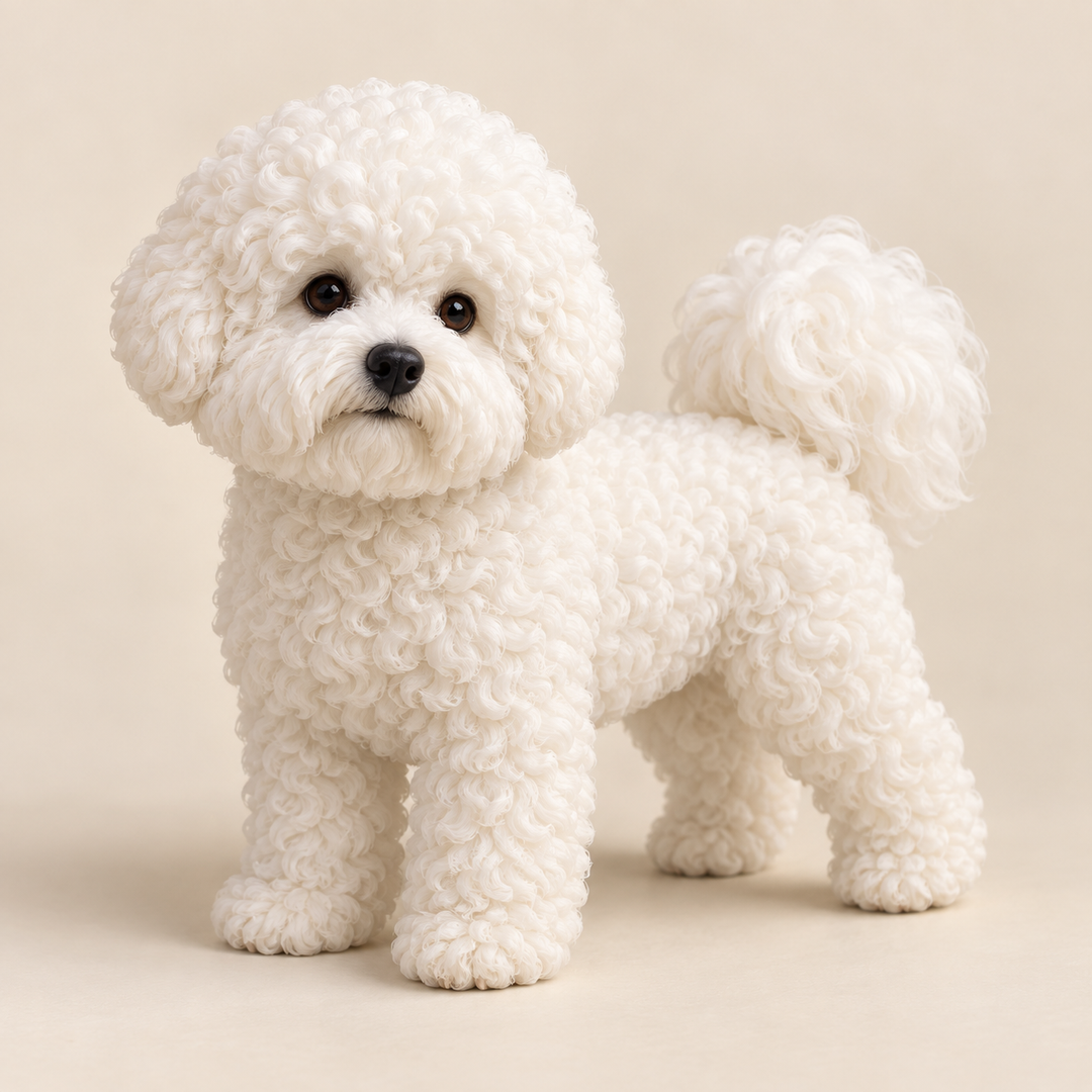 Illustrative front view of a custom Bichon Frise polymer clay figurine.