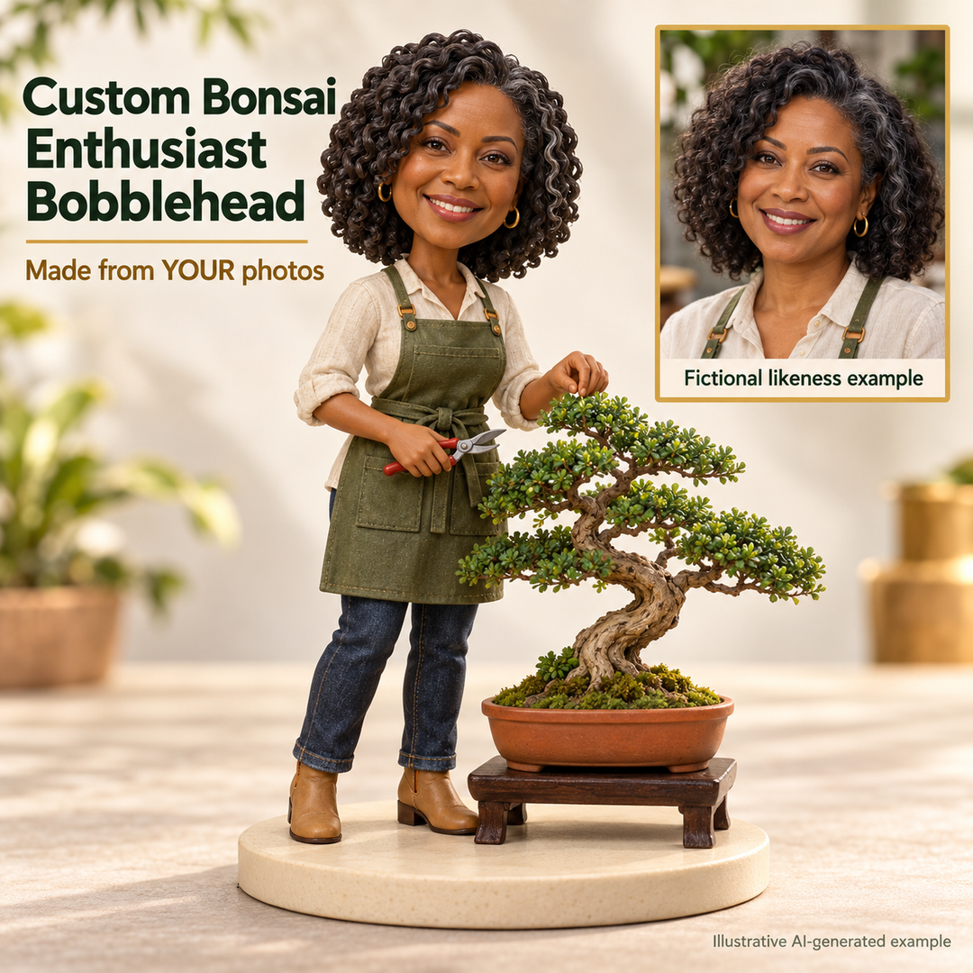 Custom bonsai enthusiast bobblehead with fictional portrait showing photo likeness