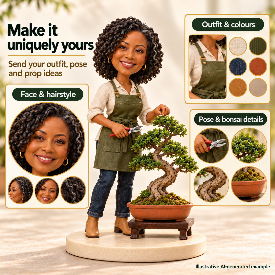 Bonsai enthusiast bobblehead face outfit pose and bonsai customization options