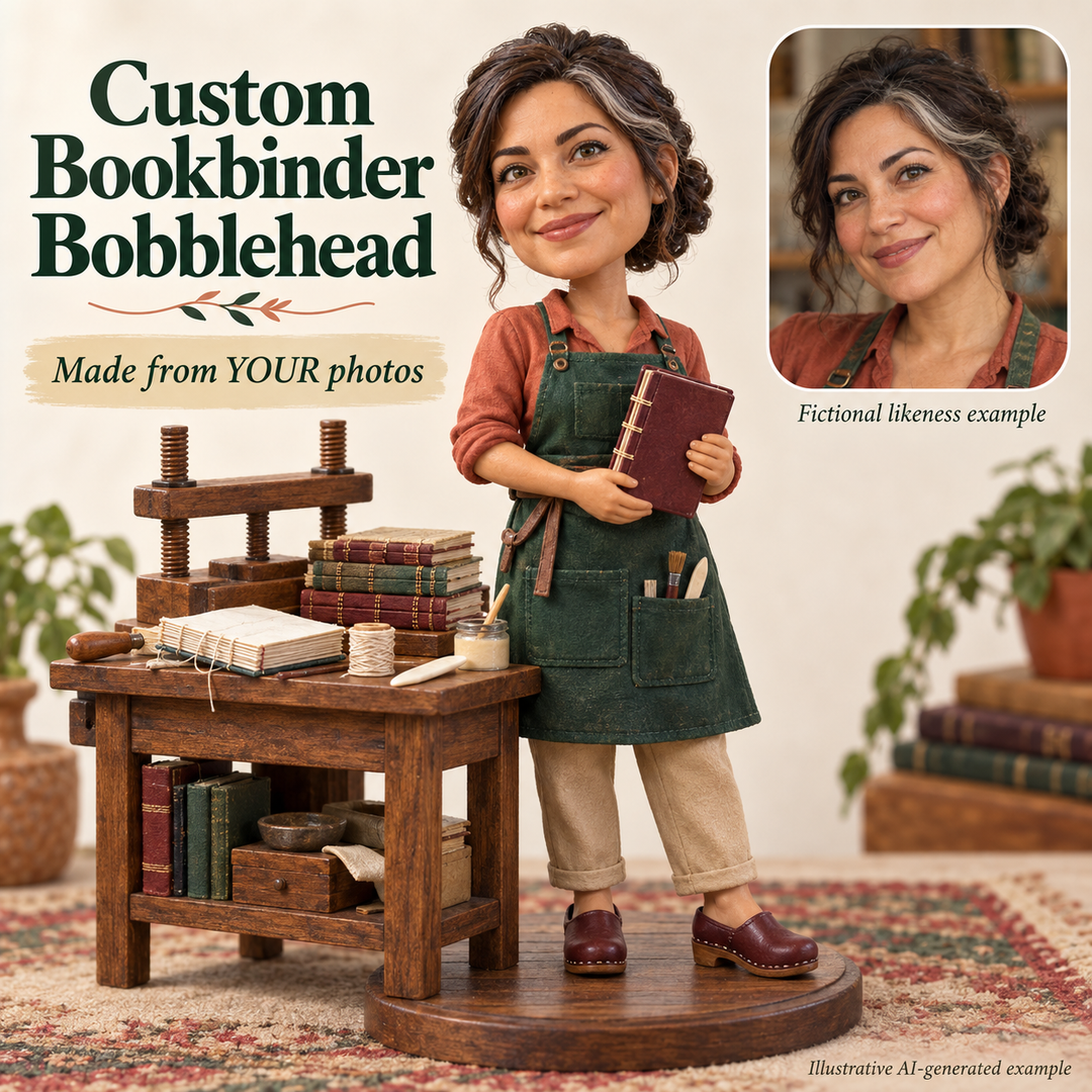 Custom bookbinder bobblehead with fictional portrait likeness example and included bookbinding workbench