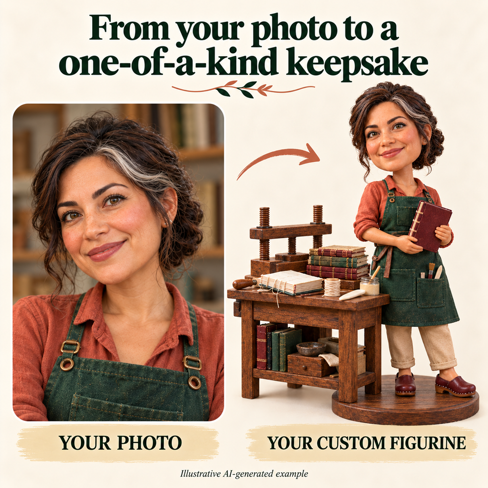 Your photo to custom bookbinder figurine comparison, illustrative AI-generated example