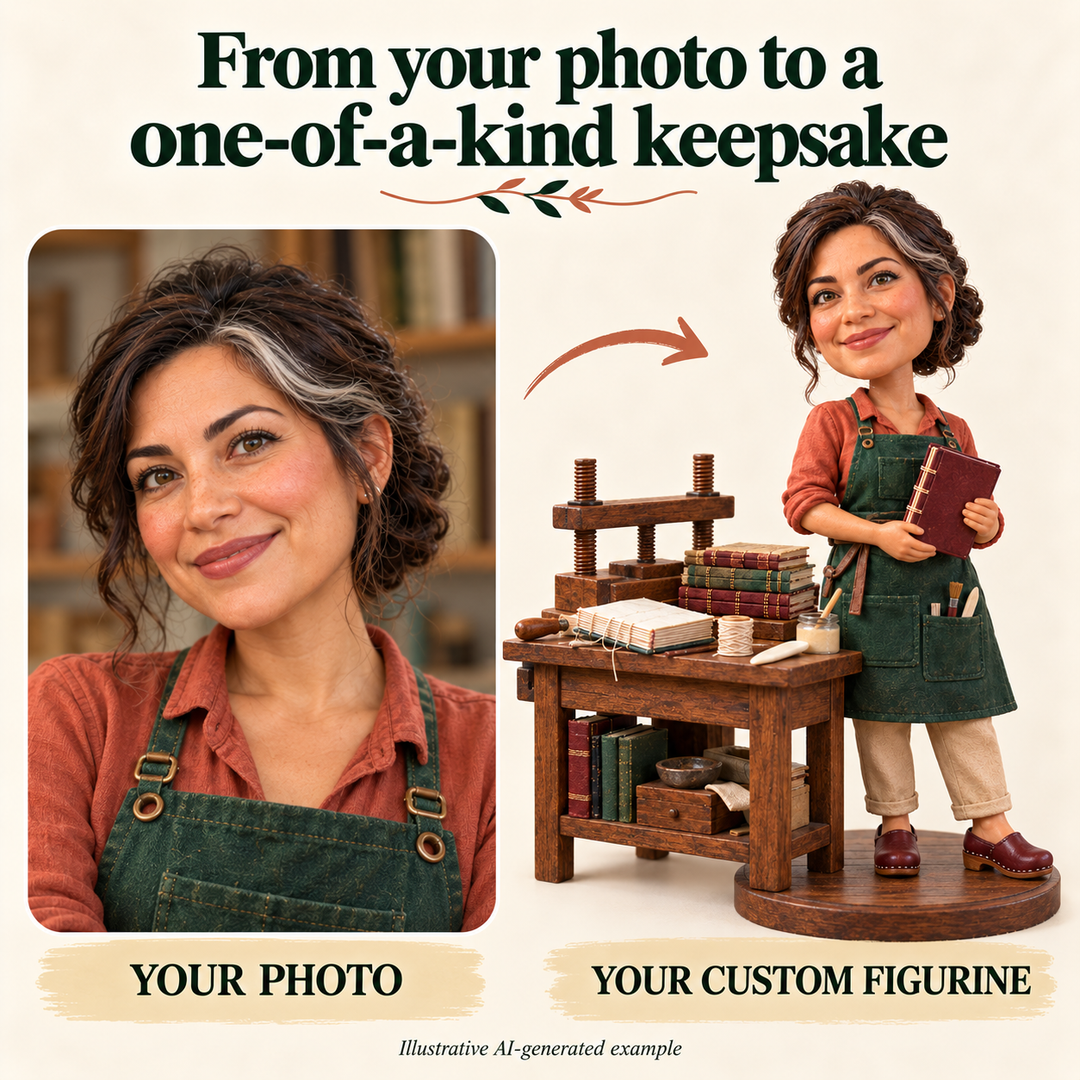 Your photo to custom bookbinder figurine comparison, illustrative AI-generated example
