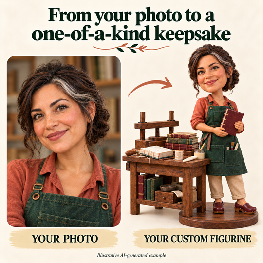 Your photo to custom bookbinder figurine comparison, illustrative AI-generated example
