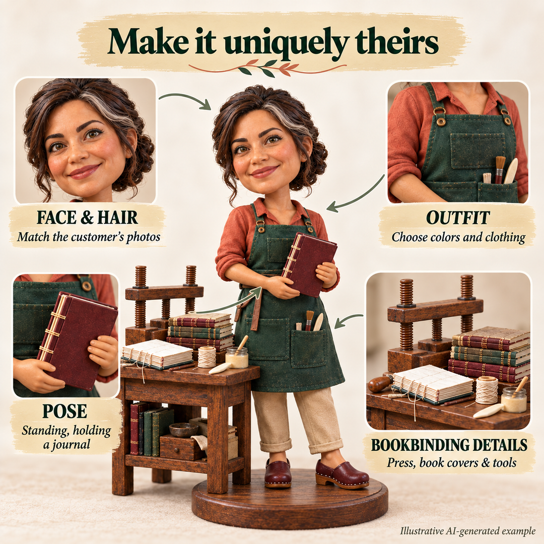 Bookbinder bobblehead face, outfit, pose and bookbinding detail customization options
