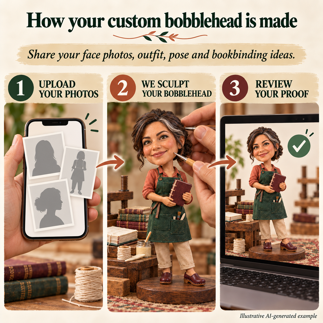 Upload photos, sculpt bobblehead and review proof customization process