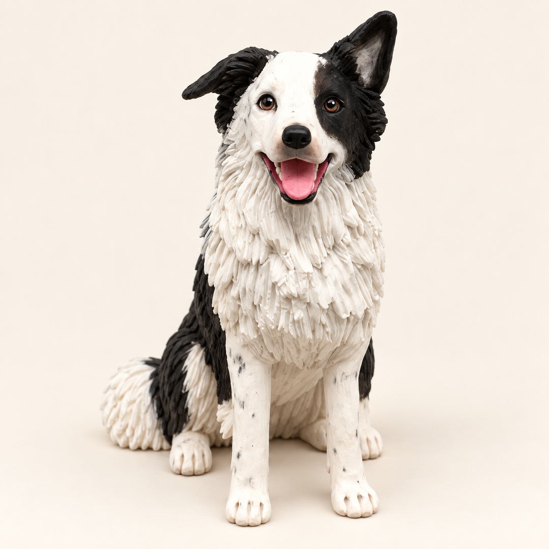 Front view of a handmade black-and-white Border Collie figurine, edited from our Etsy example.