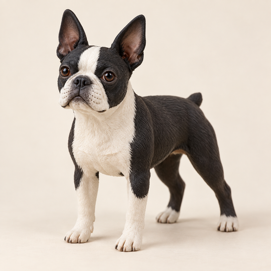 Illustrative front view of a custom Boston Terrier polymer clay figurine.