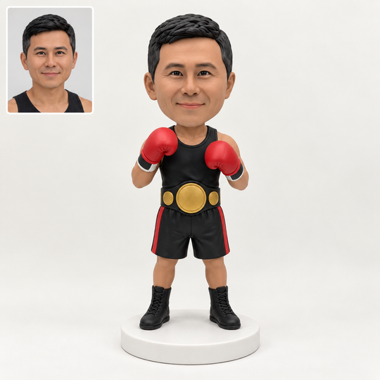 Custom boxer bobblehead with matching portrait comparison