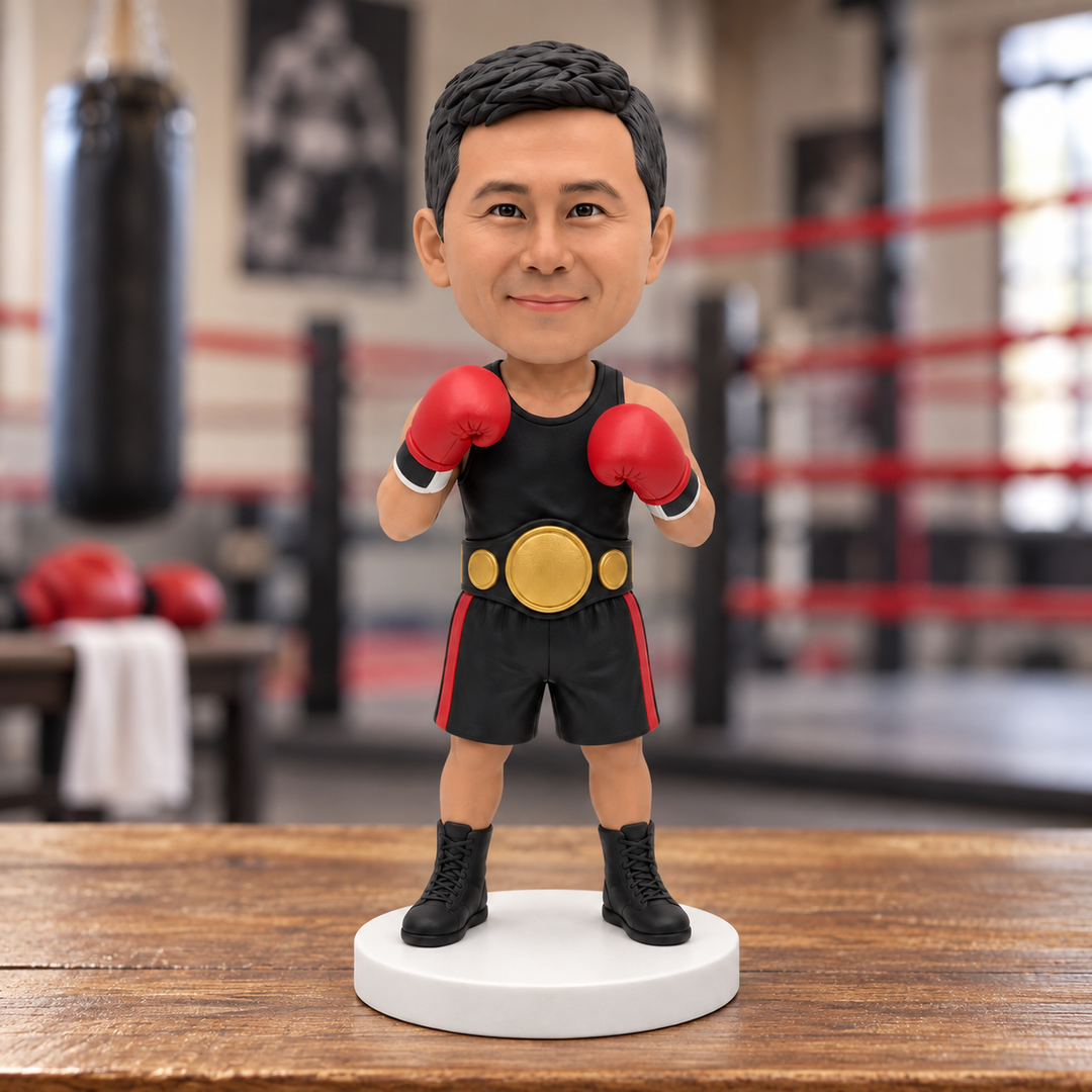Custom boxer bobblehead displayed in a boxing gym setting