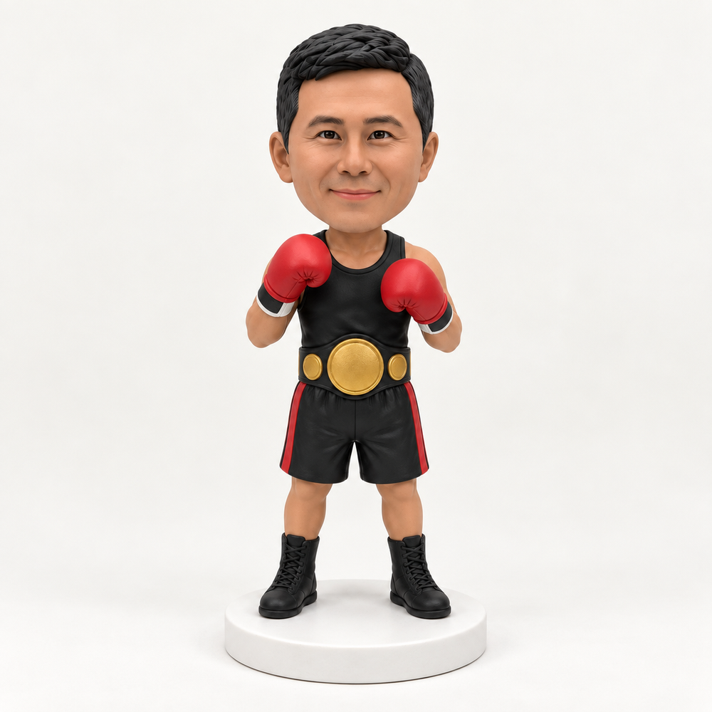 Custom boxer bobblehead front view with gloves and championship belt