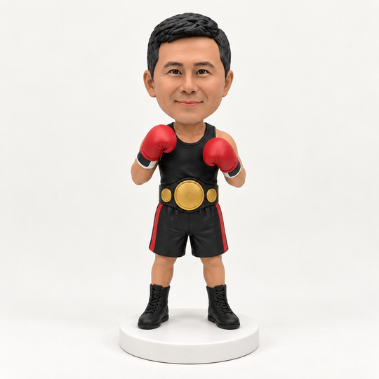 Custom boxer bobblehead front view with gloves and championship belt