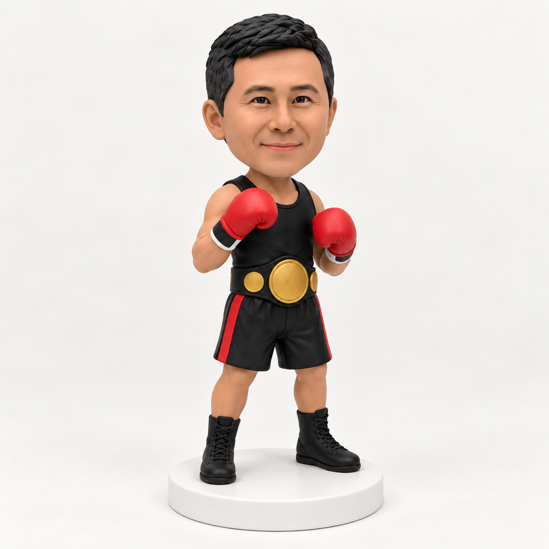 Custom boxer bobblehead three-quarter view