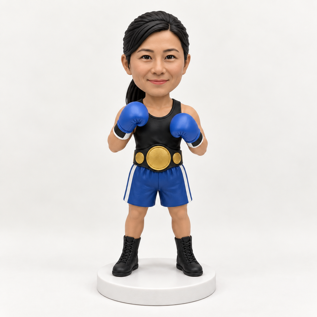Personalised female boxer bobblehead with blue gloves and shorts
