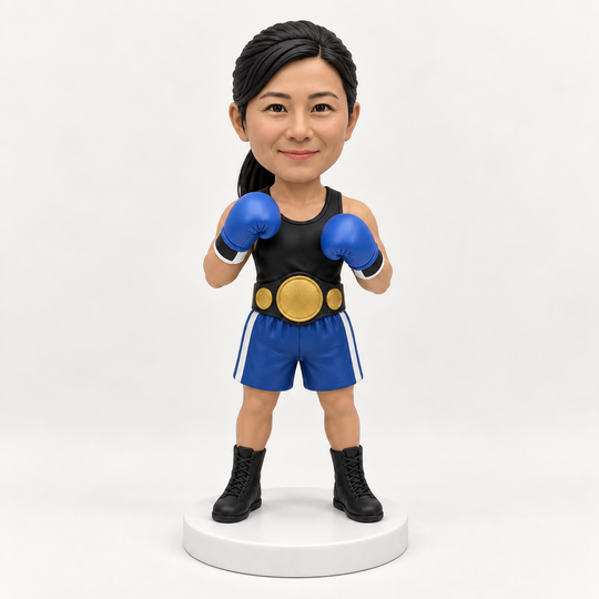 Personalised female boxer bobblehead with blue gloves and shorts