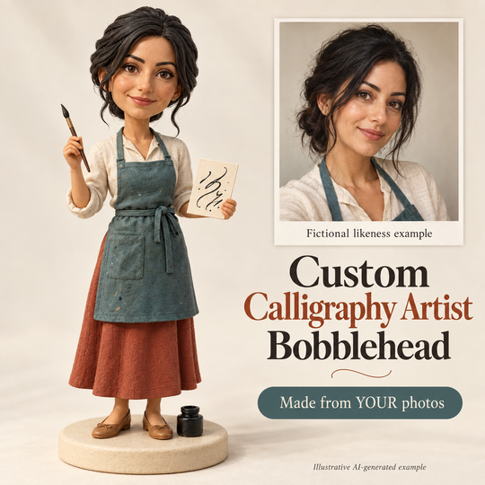 AI-generated illustration of a handmade custom calligraphy artist bobblehead beside a matching fictional human portrait.