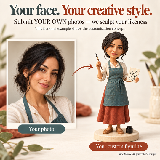 AI-generated fictional example comparing a person's own face photo with a matching custom calligraphy artist figurine.