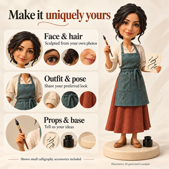 AI-generated illustrative calligraphy artist figurine showing face, hair, outfit, pose, props and base customisation options.