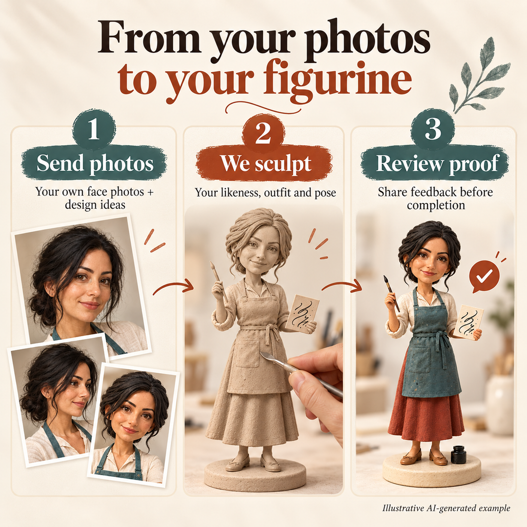 AI-generated illustration explaining how customers send their own photos, we sculpt their calligraphy figurine and they review a proof.