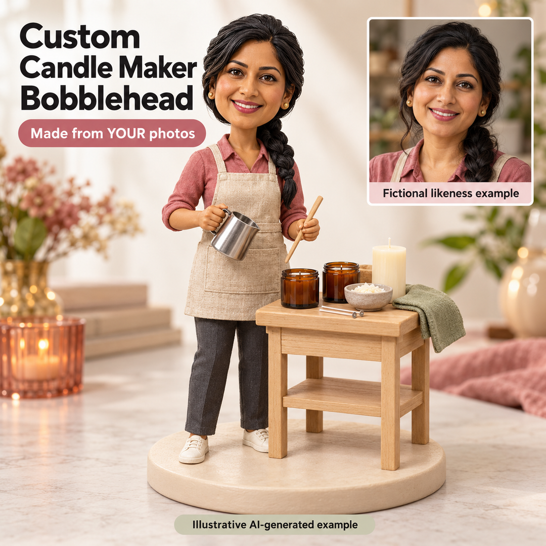 Custom candle maker bobblehead with fictional portrait showing photo likeness