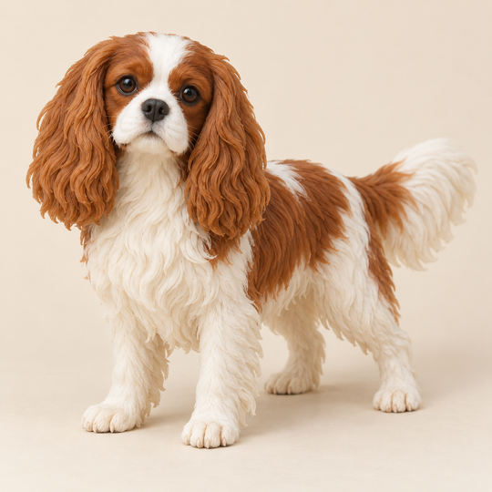Illustrative front view of a custom Cavalier King Charles Spaniel polymer clay figurine.