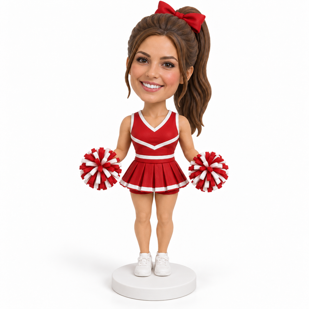 Custom cheerleader bobblehead – red and white team colours