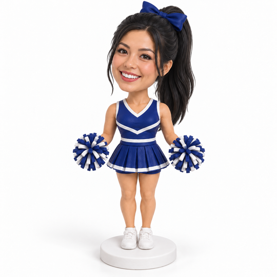 Personalised cheerleader bobblehead – blue and white uniform example