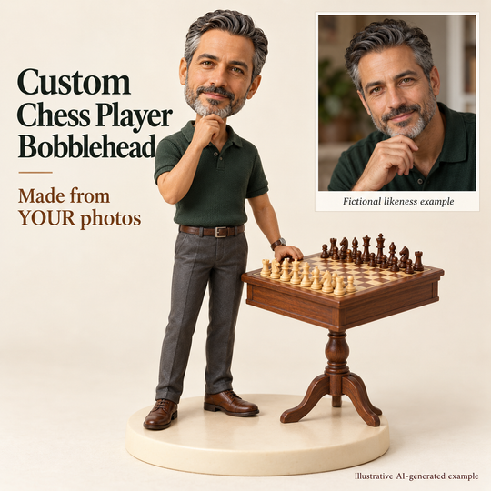 AI-generated illustration of a handmade custom chess player bobblehead beside a matching fictional human portrait.