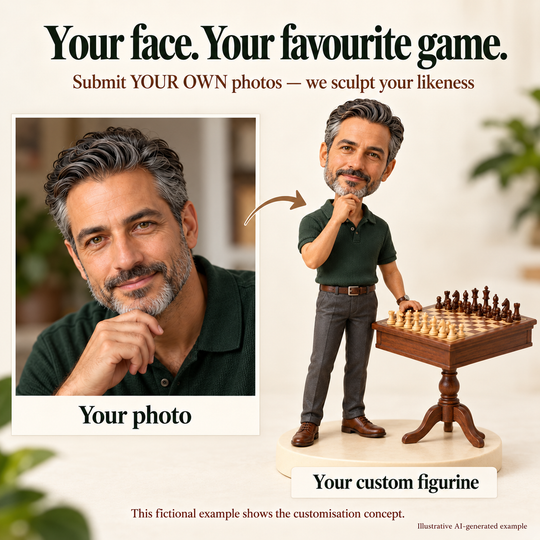 AI-generated fictional example comparing a person's own face photo with a matching custom chess player figurine.