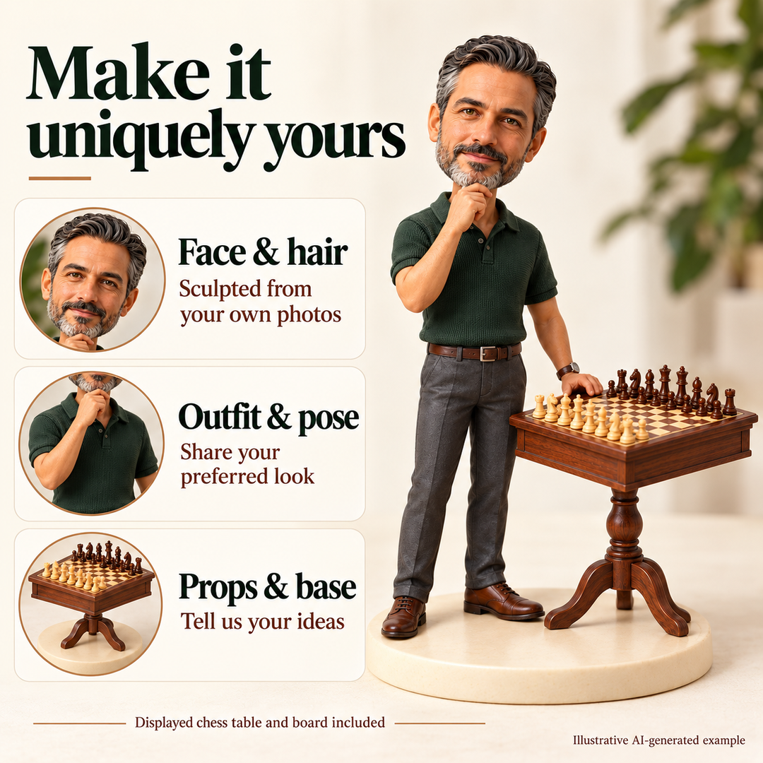 AI-generated illustrative chess player figurine showing face, hair, outfit, pose, chess props and base customisation options.