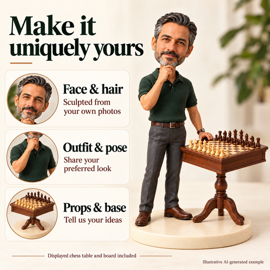 AI-generated illustrative chess player figurine showing face, hair, outfit, pose, chess props and base customisation options.