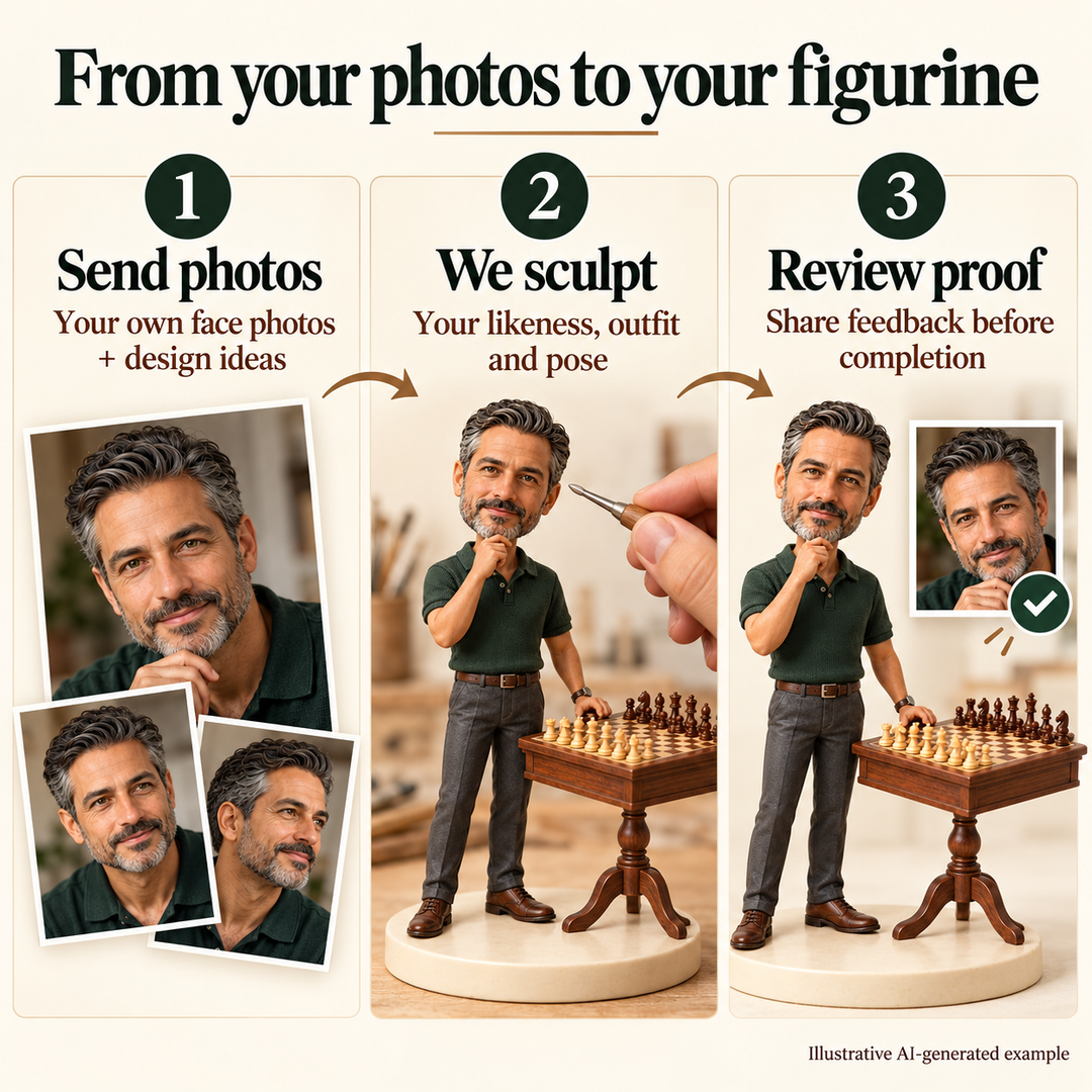 AI-generated illustration explaining how customers send their own photos, we sculpt their chess figurine and they review a proof.