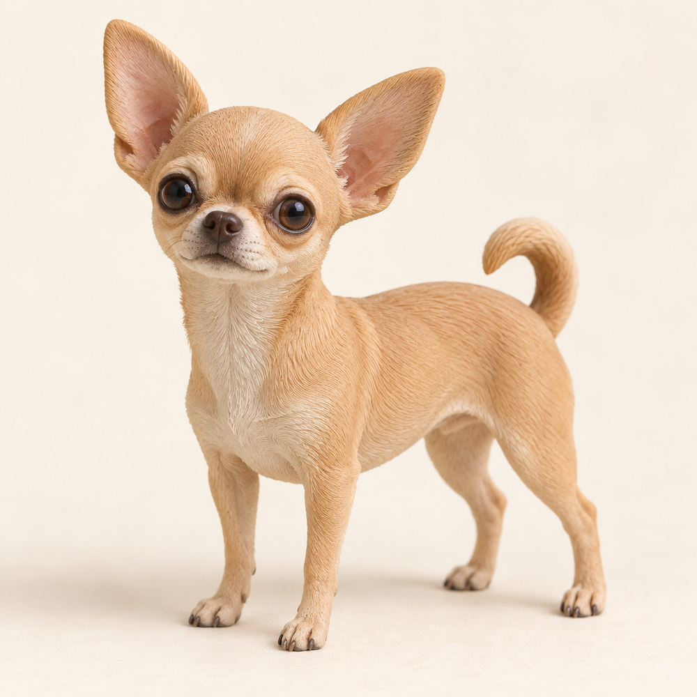 Illustrative front view of a custom Chihuahua polymer clay figurine.