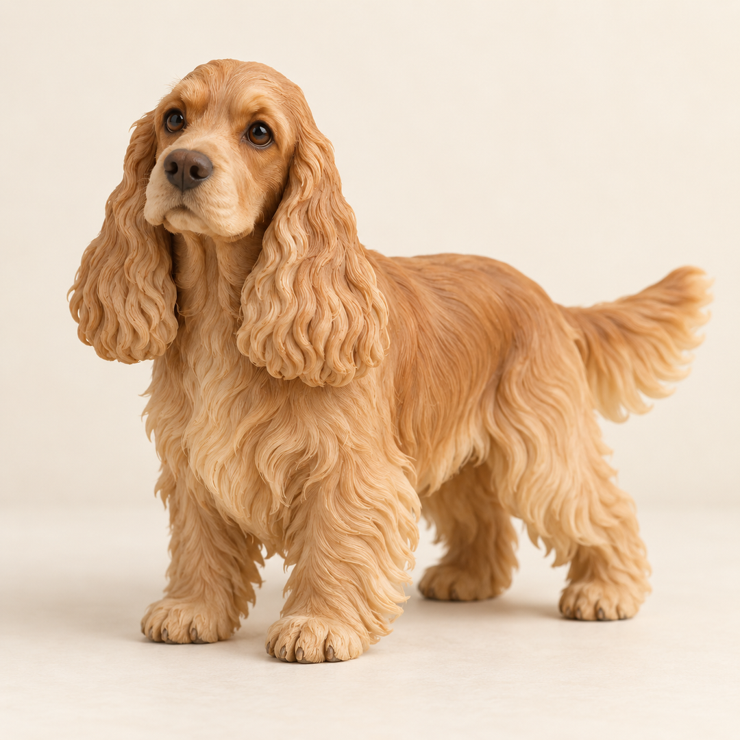 Illustrative front view of a custom Cocker Spaniel polymer clay figurine.