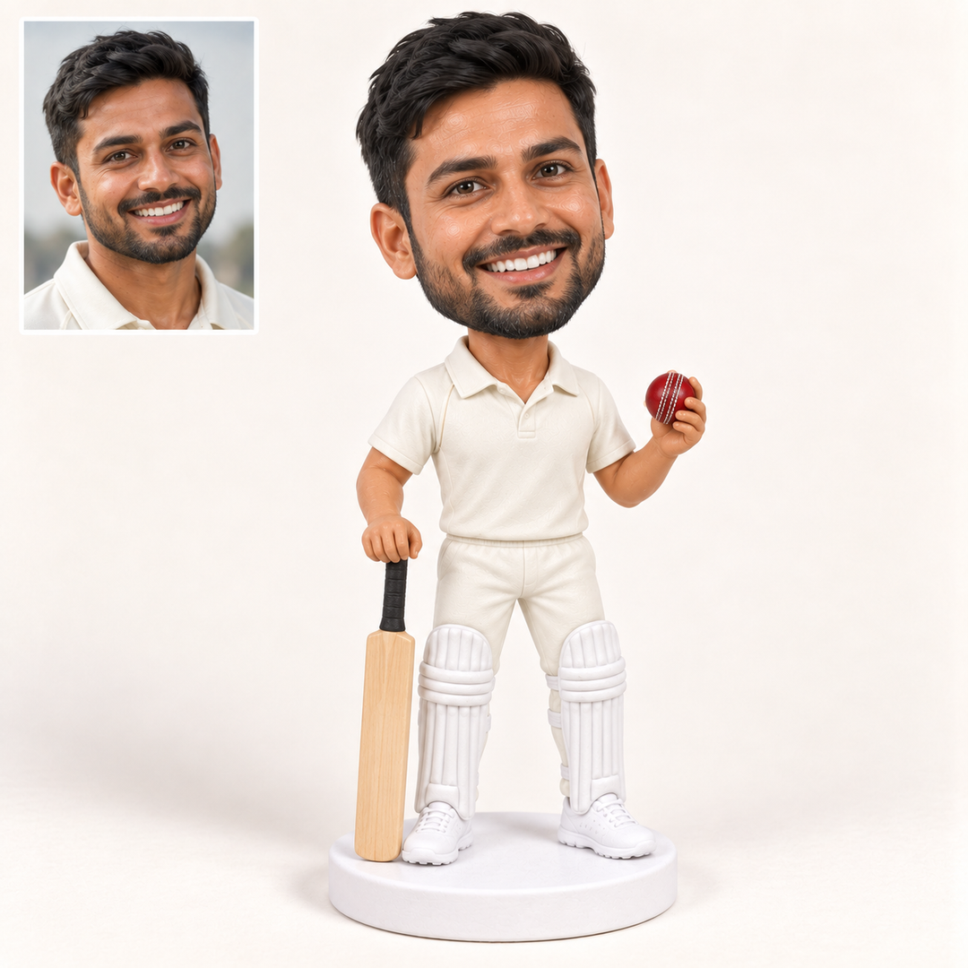 Custom cricket player bobblehead with matching generated portrait at top left