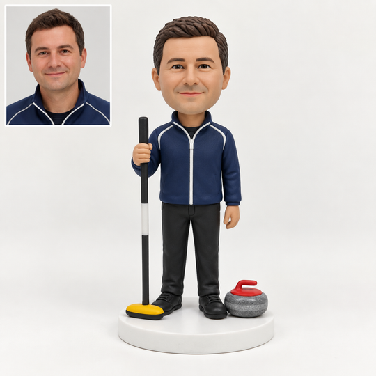 Custom curling player bobblehead with matching portrait comparison