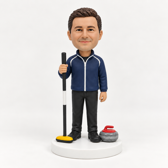 Custom curling player bobblehead front view