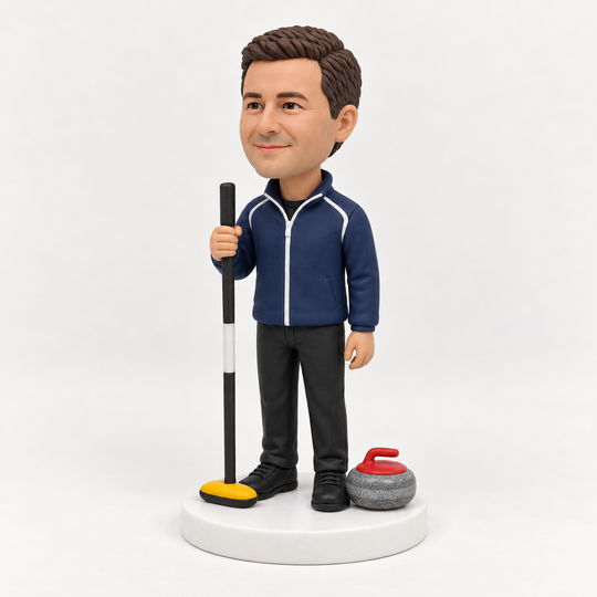 Custom curling bobblehead three-quarter view