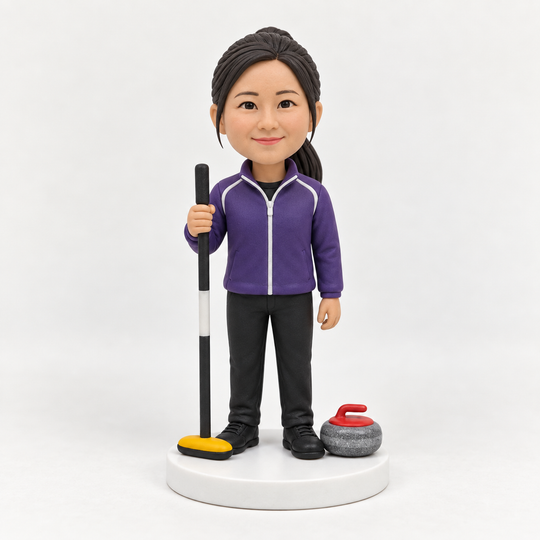 Custom female curling bobblehead purple outfit example