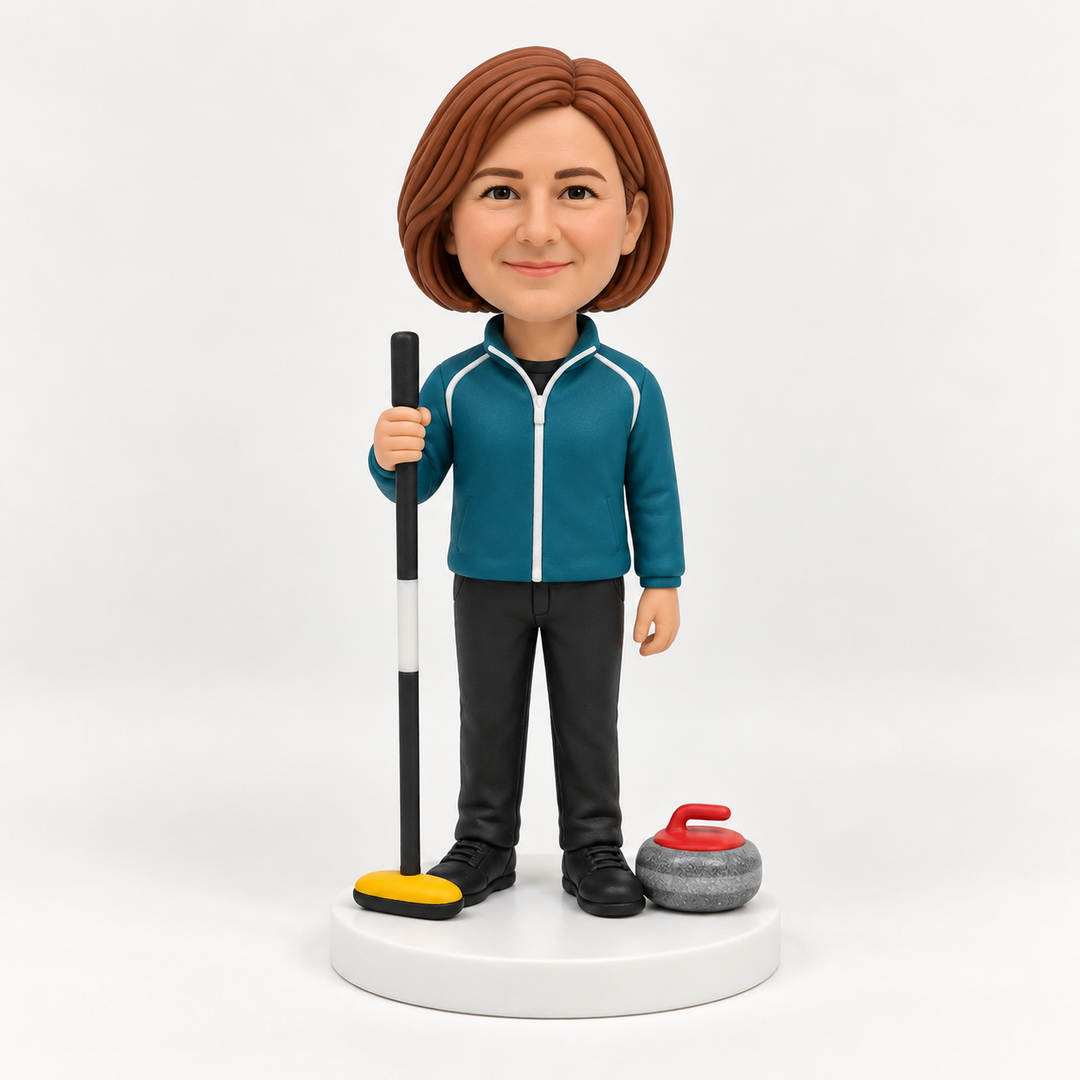 Custom female curling bobblehead teal outfit example
