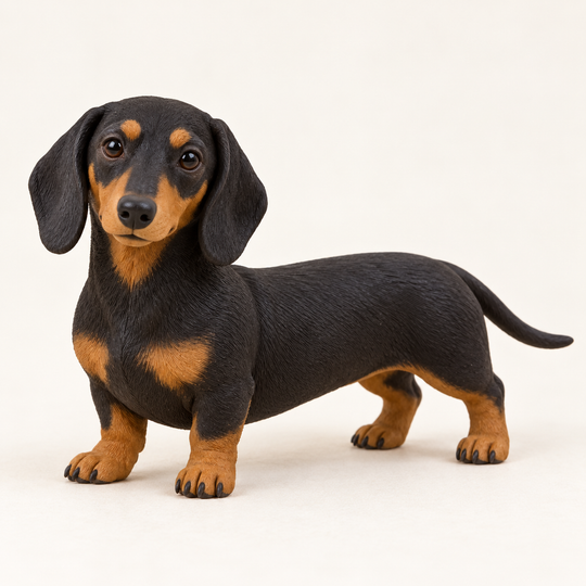 Illustrative front view of a black-and-tan Dachshund polymer clay figurine.