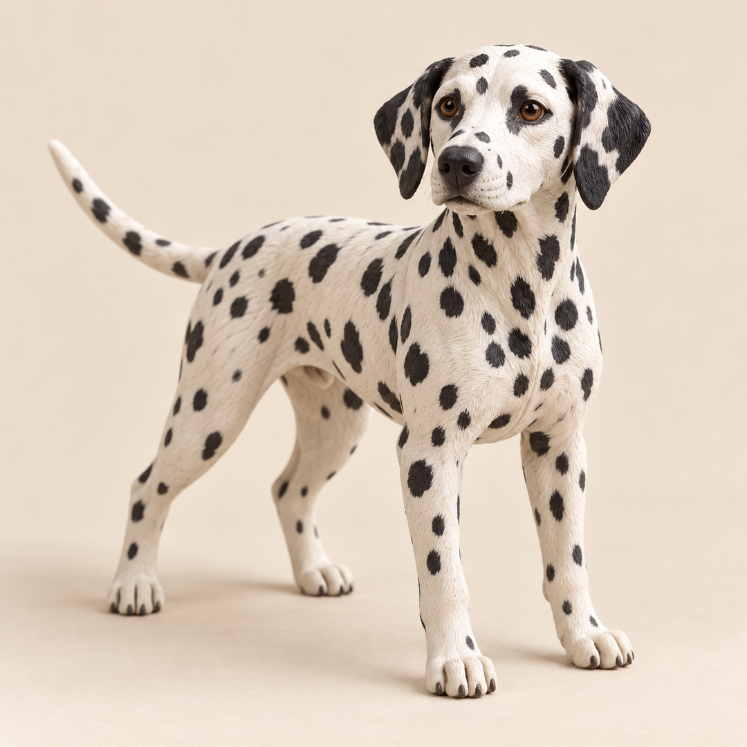 Illustrative front view of a custom Dalmatian polymer clay figurine.