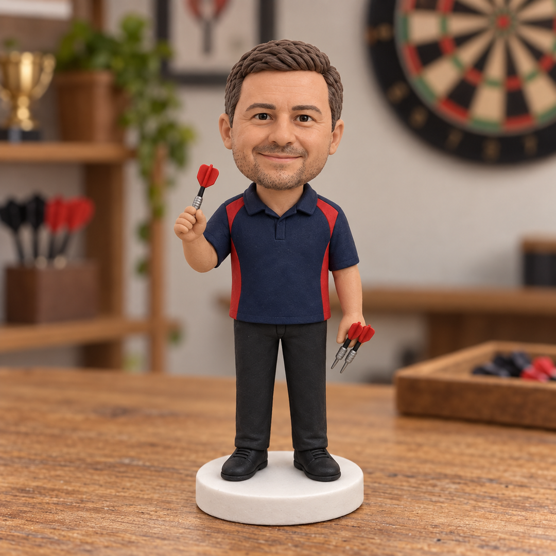Custom darts player figurine displayed in a games room