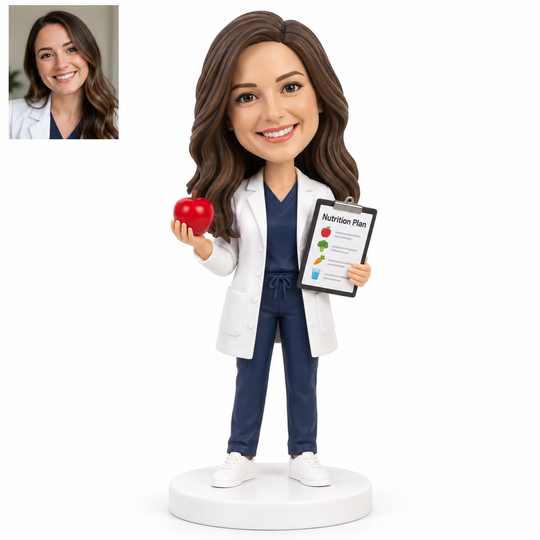 Custom dietitian bobblehead with matching portrait, apple and nutrition plan.