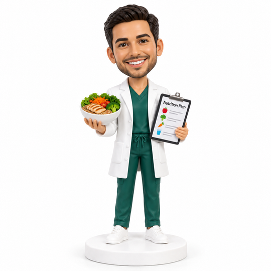 Custom male dietitian bobblehead with healthy meal bowl and nutrition plan.